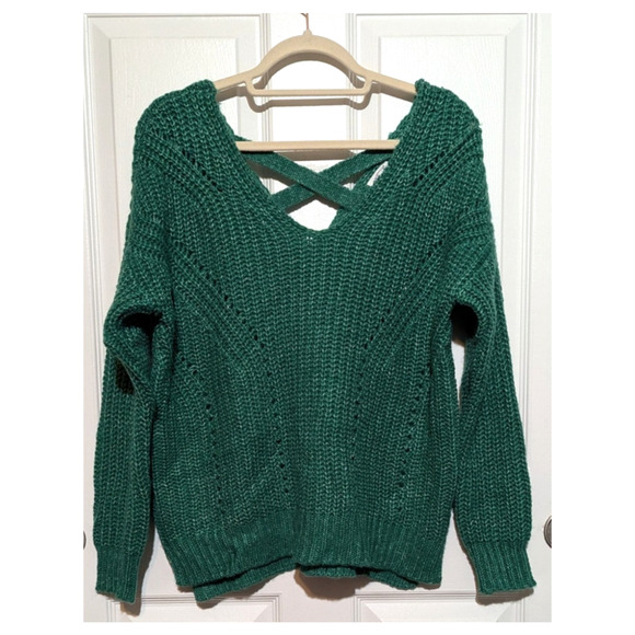 Hippie Rose Womens  Size XL Green Knit V-Neck Pullover Sweater Criss Cross Back - Picture 2 of 8